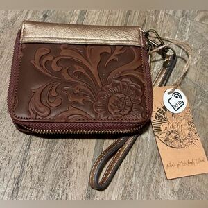 Catchfly Wristlet Wallet,floral embossed,RFID, 7 card slot,ID window,bill slot